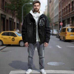 M💀 Embroidery Denim Jacket Biker Rock Skull ➡️Hoodie is not included